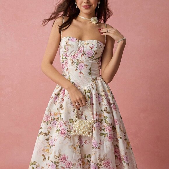 Dresses & Skirts - White Boho Women's Romantic Vacation Floral Print Spaghetti Strap A-Line Long Dr